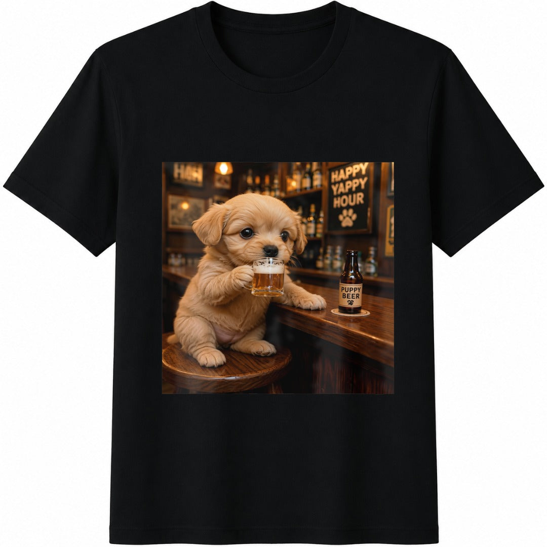 Puppy Beer Cute Dog Drinking Beer Cotton T-Shirt in Black