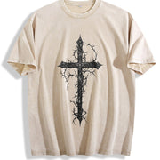 Thorn Cross Gothic Cross Biblical Cross Art Jesus vintage washed oversized T-shirt in Beige