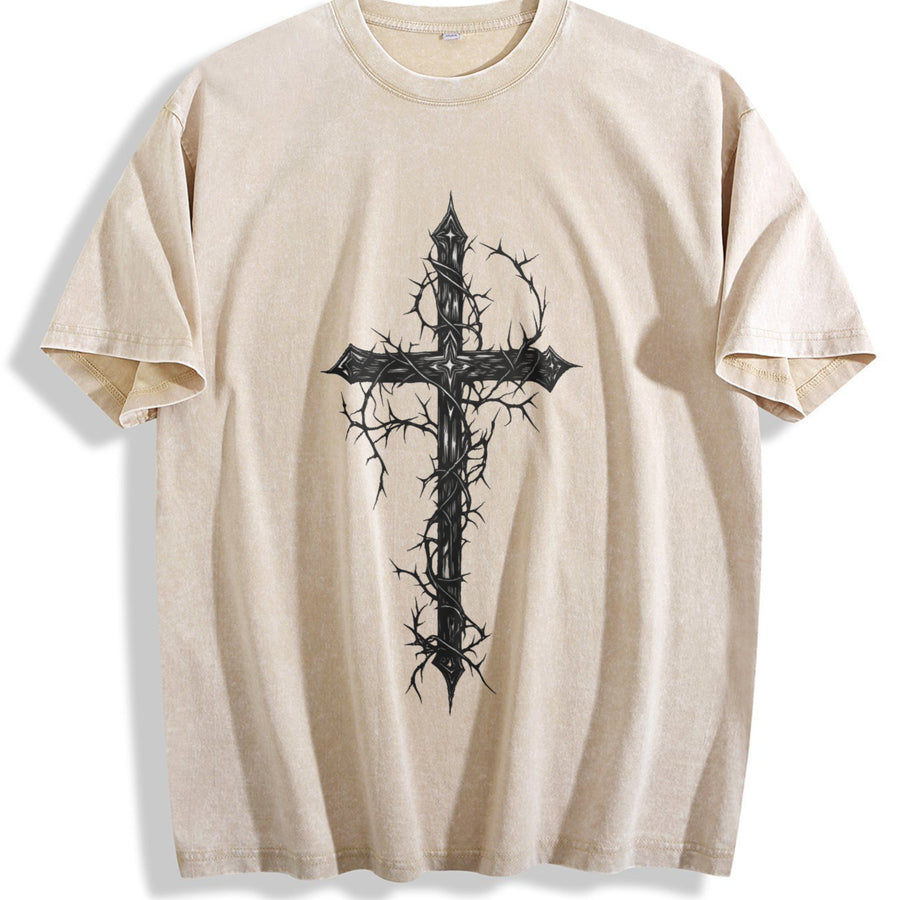 Thorn Cross Gothic Cross Biblical Cross Art Jesus vintage washed oversized T-shirt in Beige