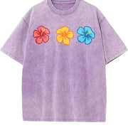 Embroidered Hibiscus Vintage Washed T-Shirt in Purple