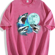 Three Sharks Retro Shark Moon Vintage Washed T-Shirt in Red
