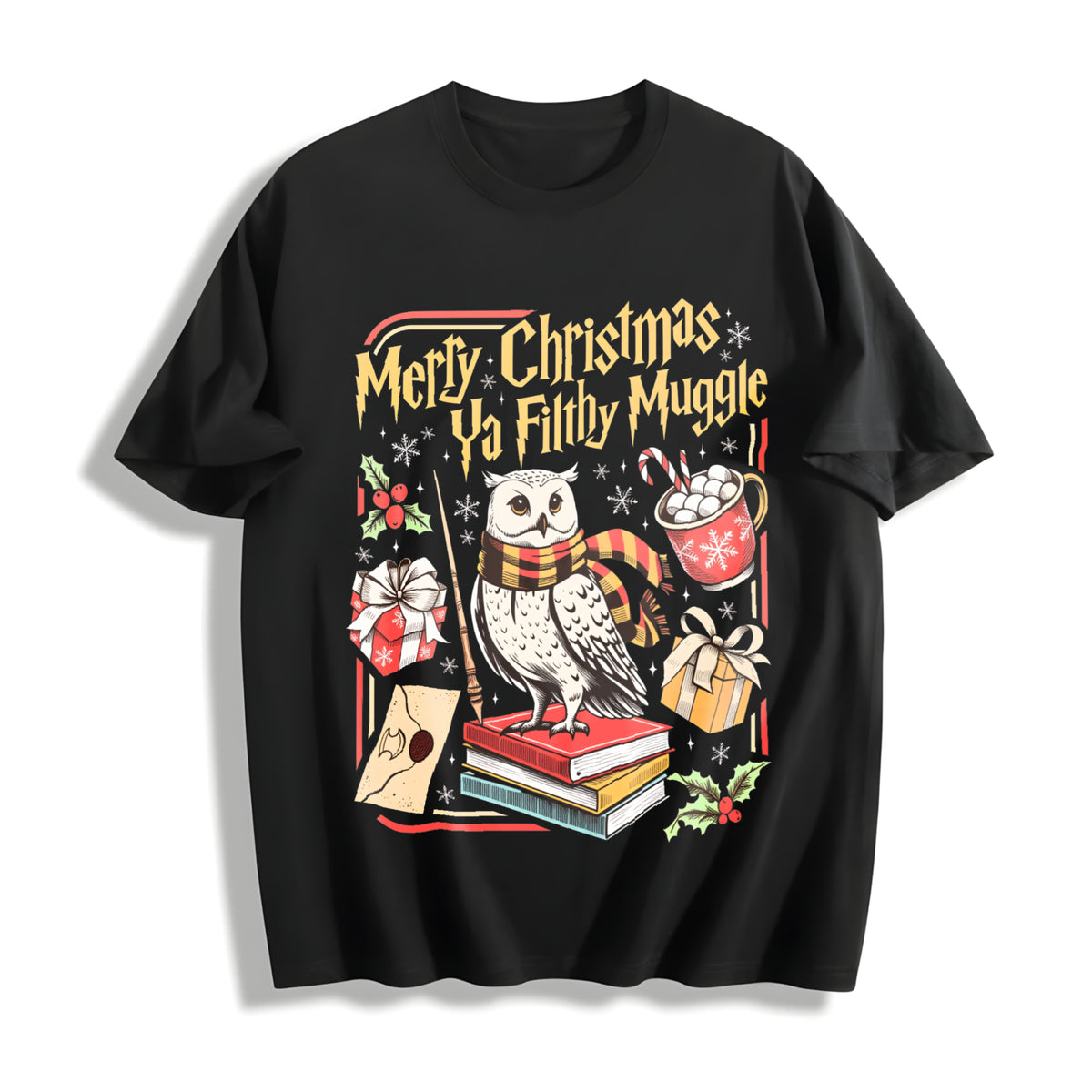 Merry Christmas Ya Filthy Retro Wizard Holiday Wizard Cotton T-Shirt in Black