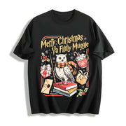 Merry Christmas Ya Filthy Retro Wizard Holiday Wizard Cotton T-Shirt in Black
