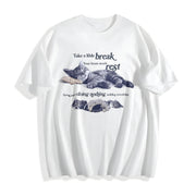 Y2k Relaxing Cat Lover Cotton T-Shirt in White