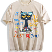 Cartoon Cat Blue-framed Glasses Vintage Washed T-Shirt in Beige