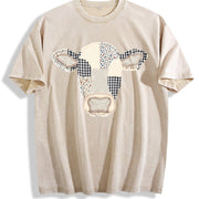 Faux Patchwork Cow Vintage Washed T-Shirt in Beige