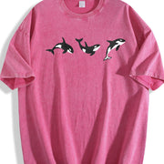 Orca Embroidered Ocean Animal Lover Vintage Washed T-Shirt in Red