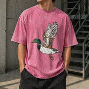 Embroidered Duck Animal Lover Vintage Washed T-Shirt in Red