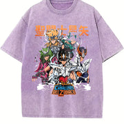 Saint Seiya short-sleeved classic nostalgic Japanese vintage washed oversized T-shirt in Purple