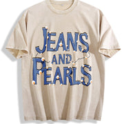 Pearl Patterned Round-neck Loose Vintage Washed T-Shirt in Beige