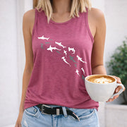 Sharks Swimming in Formation Crew-neck Sleeveless Vest Women's Color Cotton Tank Top in Red