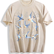 Birds Retro 90s Tattoo Vintage Washed T-Shirt in Beige