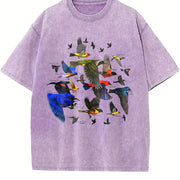 Bird Migration Retro Nature Wildlife Vintage Washed T-Shirt in Purple