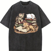 Kittens Reading Books Vintage Washed T-Shirt in Black
