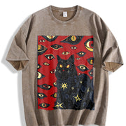 Cat and Red Eyes Gothic Vintage Washed T-Shirt in Brown