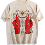 Occult Red Hand & All-seeing Eye Sleeveless Tank Vintage Washed T-Shirt in Beige