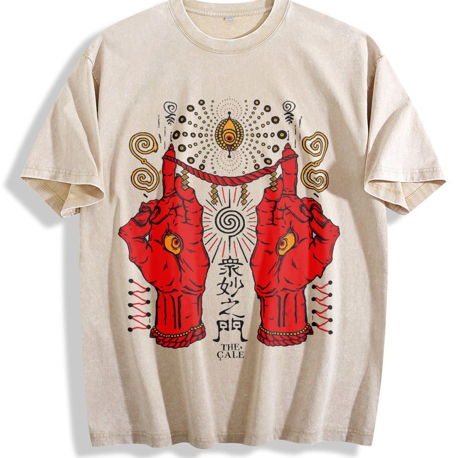 Occult Red Hand & All-seeing Eye Sleeveless Tank Vintage Washed T-Shirt in Beige