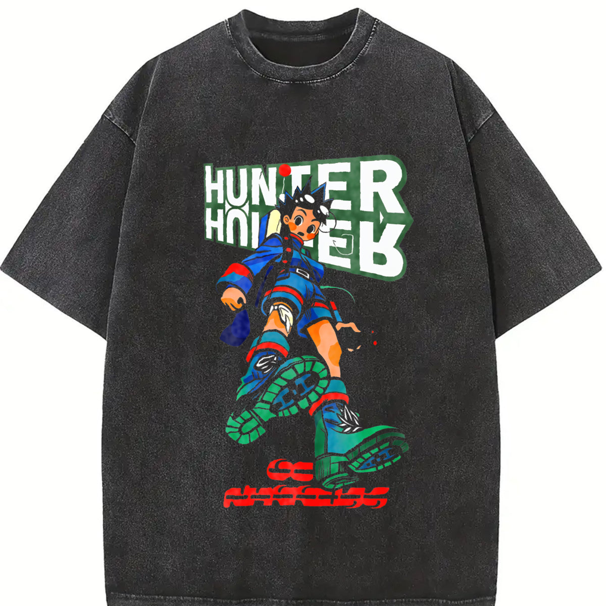 Gon HXH Wild Hunter Boy – with Green Aura Fighter vintage washed oversized T-shirt in Black
