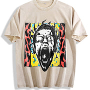 Premium Short-sleeve a Unique Punk Flame Screaming Face Vintage Washed T-Shirt in Beige
