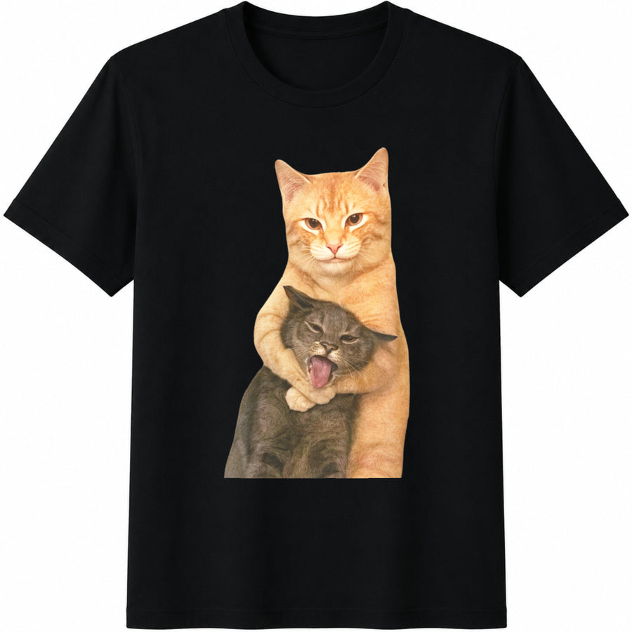Hugging Cats Chaotic Cat Meme Cotton T-Shirt in Black