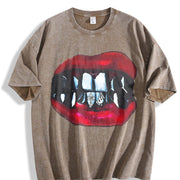 Gothic Vampire Lips Fangs Sleeveless Tank Vintage Washed T-Shirt in Brown
