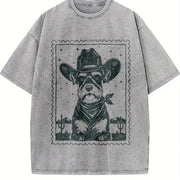 Retro Cowboy Schnauzer Stamp Vintage Washed T-Shirt in Gray
