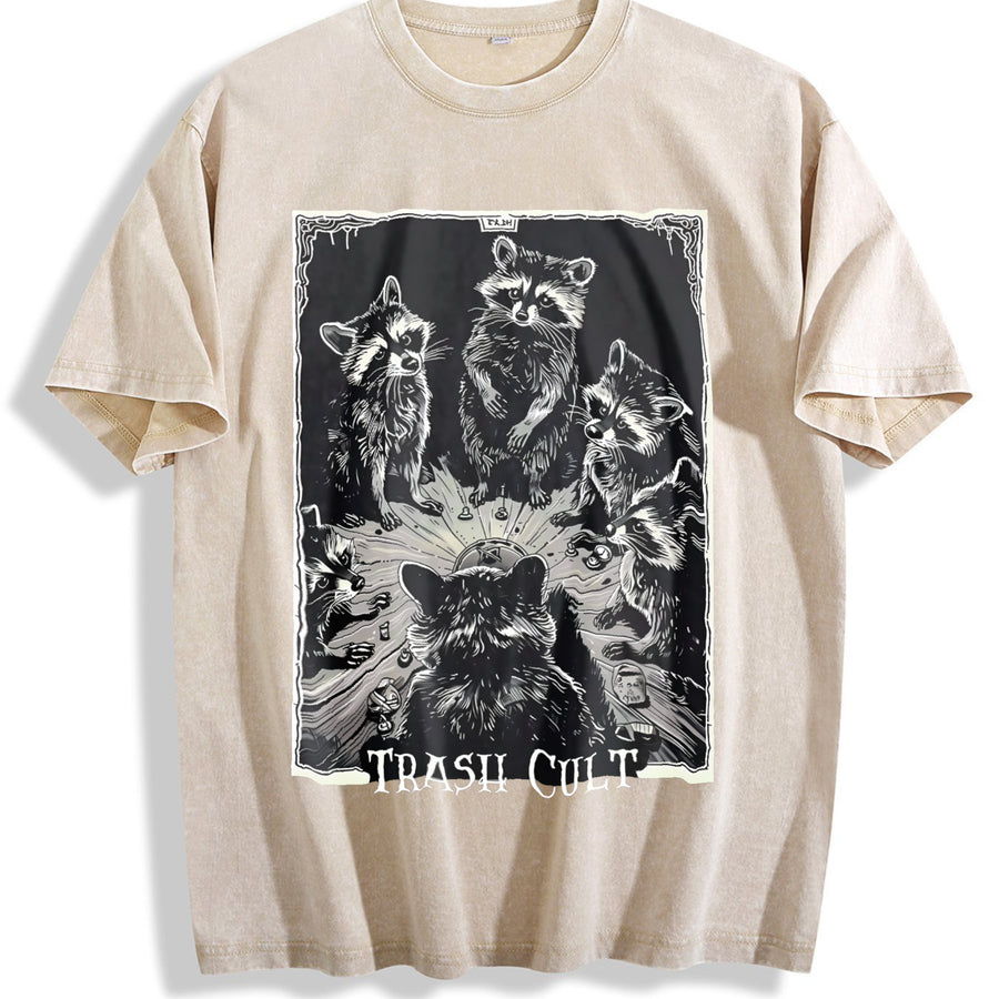 Trash Cult Raccoon Tarot Sleeveless Tank Vintage Washed T-Shirt in Beige