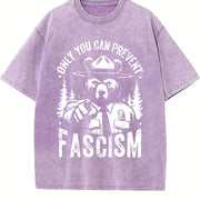 Retro Only You Can Prevent Fascism Raccoon Vintage Washed T-Shirt in Purple