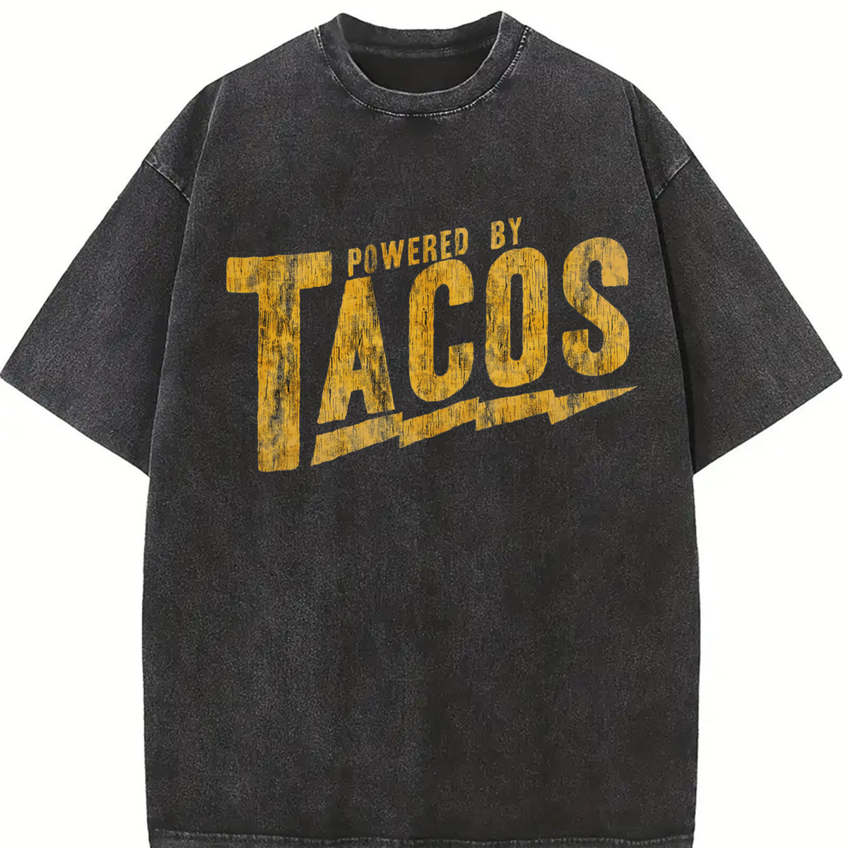 Powered by Tacos Sarcastic Retro for Guys Classic Vintage Washed T-Shirt in Black