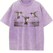 Hummingbird 90s Retro Botanical Bird Wildlife Vintage Washed T-Shirt in Purple