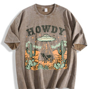 Howdy Ufo Western Cow Retro Cowboy 90s Desert Cactus Y2k Vintage Washed T-Shirt in Brown