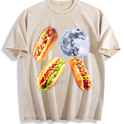 Hot Dog Moon 90s Retro Food Moon Vintage Washed T-Shirt in Beige