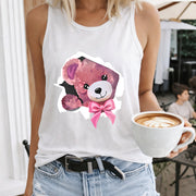 Teddy Bear Bow Women's Color Cotton Tank Top in White