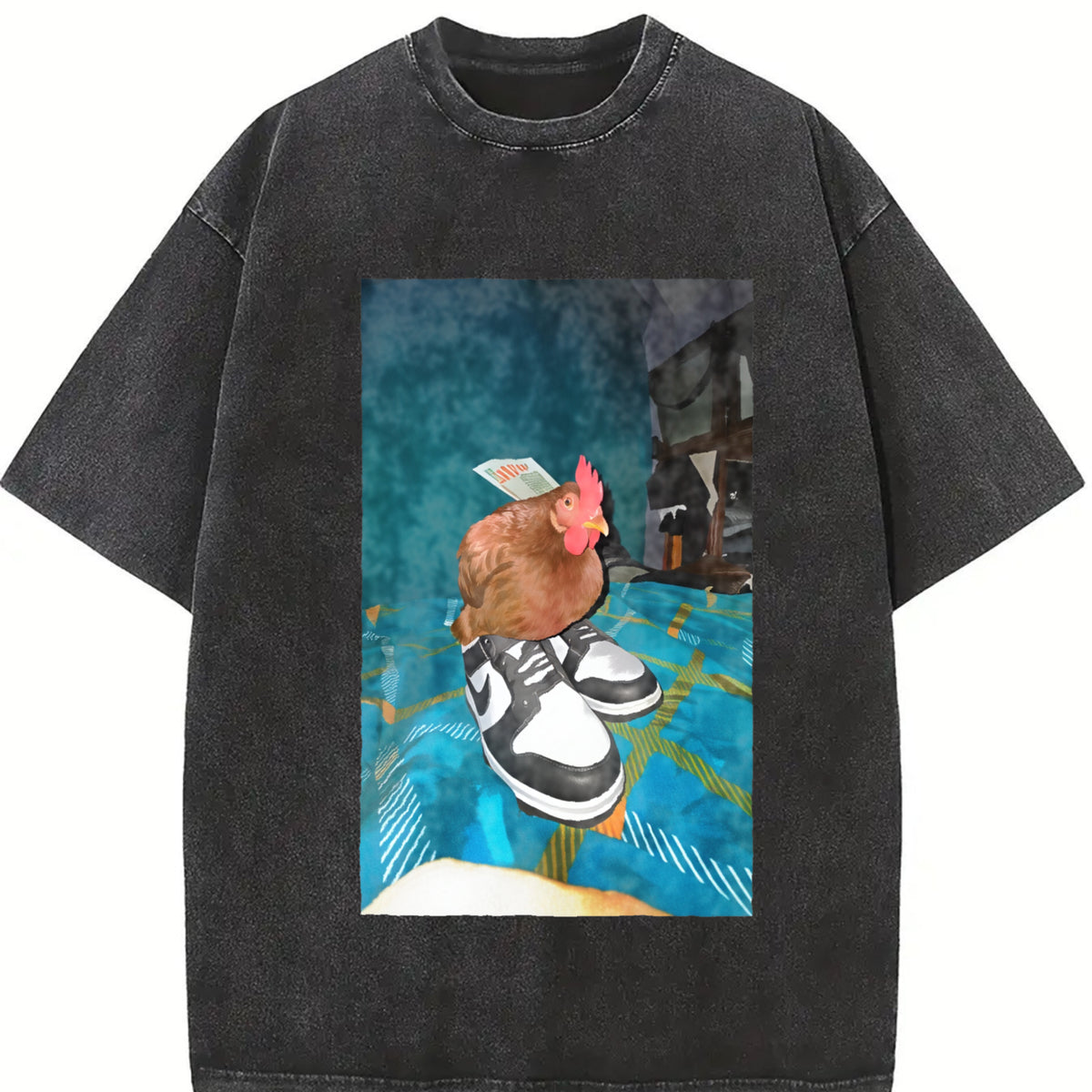 Dripped Out Chicken with shoes chicken vintage washed oversized T-shirt in Black