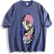 Akaza vs Koyuki – Demon Slayer Kimetsu no Yaiba Heavy vintage washed oversized T-shirt in Blue