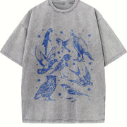 Bird Tattoo 90s Retro Owl Parrot Sparrow Swallow Vintage Washed T-Shirt in Gray