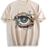 Eye & Cross Gothic Grunge Y2k Emo Scene Amity Affliction Vintage Washed T-Shirt in Beige