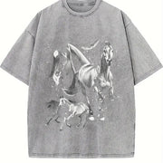 Wild Horses Retro Running Horse Vintage Washed T-Shirt in Gray