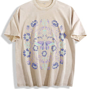 Gothic Garden Dark Academia Floral Skull Creepy Cute Vintage Washed T-Shirt in Beige