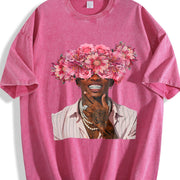 Floral Head Portrait Tank Vintage Washed T-Shirt in Red
