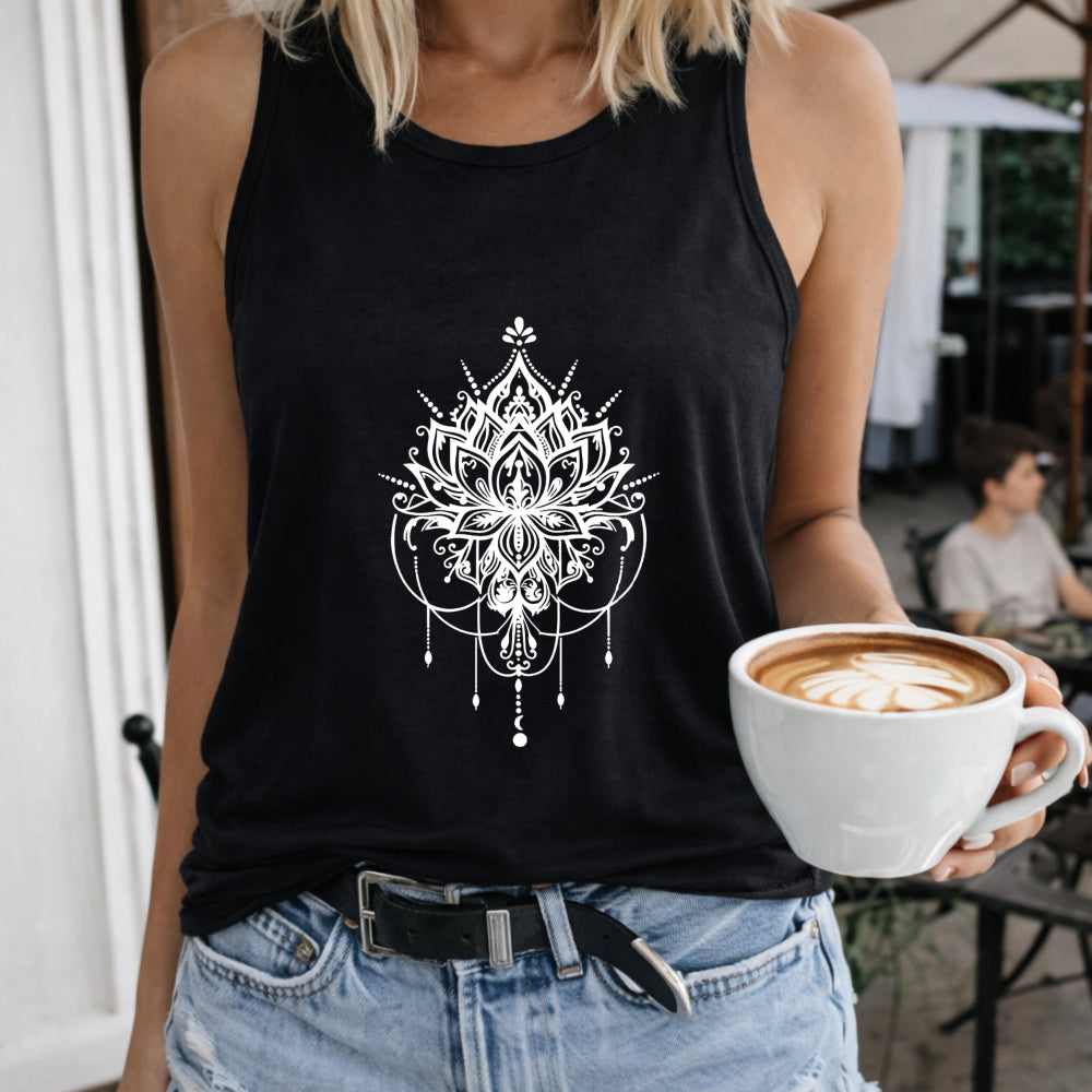 Ornamental Mandala Women's Color Cotton Tank Top in Black