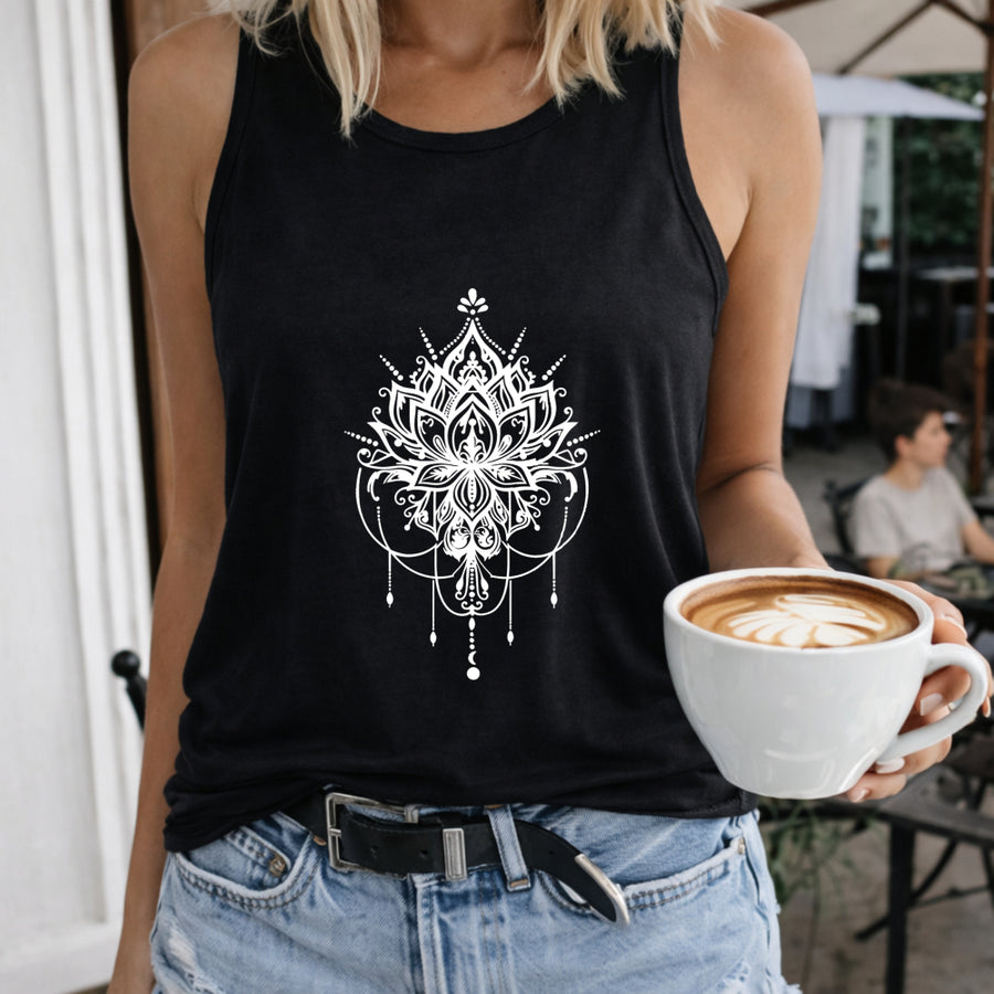 Ornamental Mandala Women's Color Cotton Tank Top in Black