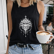 White Mandala on Black Tank Crew-neck Sleeveless Vest Women's Color Cotton Tank Top in Black