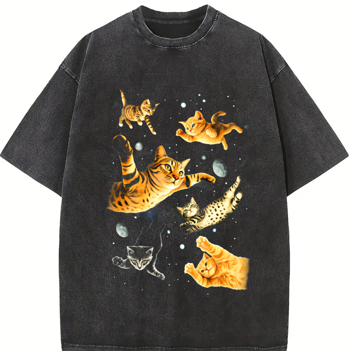 Cats in Galaxy Space Vintage Washed T-Shirt in Black