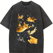 Cats in Galaxy Space Vintage Washed T-Shirt in Black