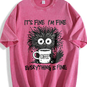 Animal Letter Furry Cat Coffee Vintage Washed T-Shirt in Red