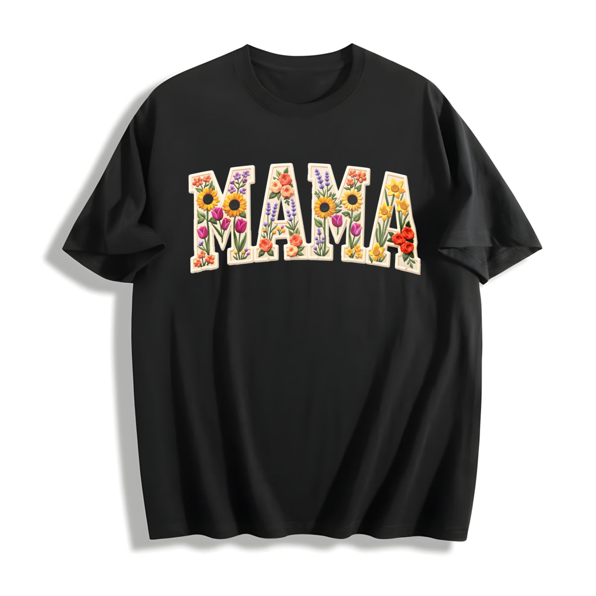 Mama Patchwork Flower Cotton T-Shirt in Black