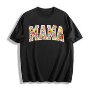 Mama Patchwork Flower Cotton T-Shirt in Black