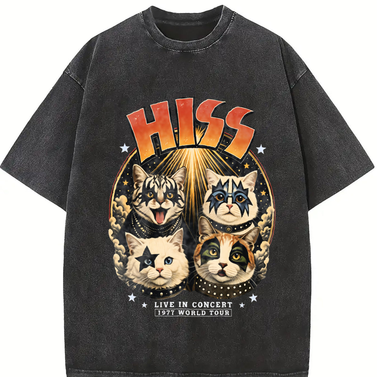 HISS Cat Band Retro Rock Concert Vintage Washed T-Shirt in Black