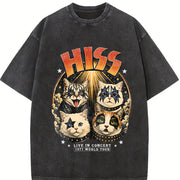 HISS Cat Band Retro Rock Concert Vintage Washed T-Shirt in Black